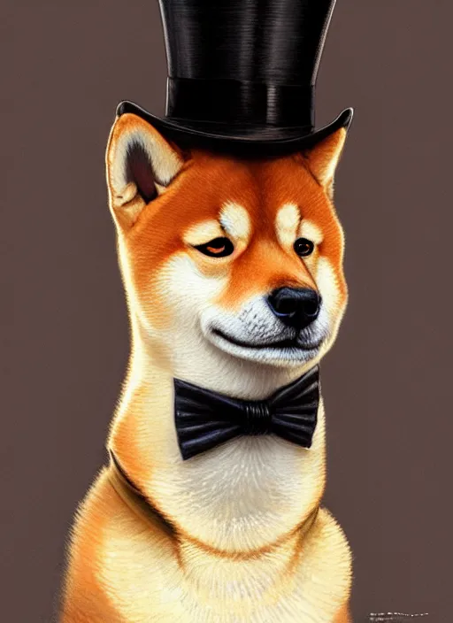 Prompt: portrait of a shiba inu as a gentleman, top hat, intricate, headshot, highly detailed, digital painting, artstation, concept art, sharp focus, cinematic lighting, illustration, art by artgerm and greg rutkowski, alphonse mucha, cgsociety