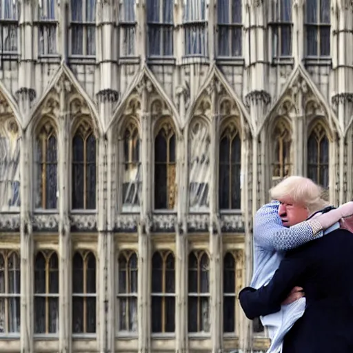 Prompt: a paparazzi photo of boris johnson kissing donald trump along the houses of parliament, london, the sun newspaper, detailed, canon eos, f / 1. 2, 2 0 0 mm lens, photograph