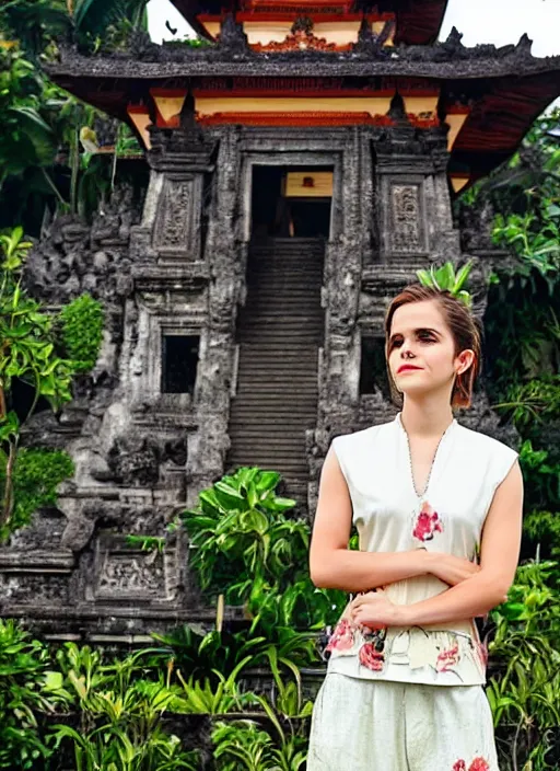 Prompt: emma watson, wearing kebaya bali, in bali. temple background. front view. instagram, holiday photo shoot, award winning photography, 8 5 mm