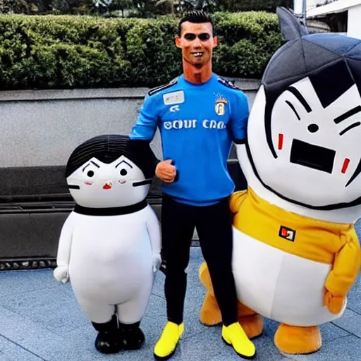 Image similar to cristiano ronaldo wearing a nazi uniform hanging with doraemon in japan