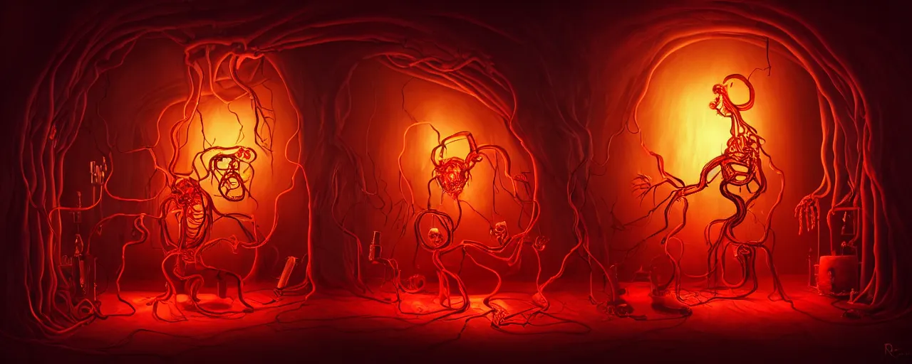 Prompt: uncanny alchemist chthonic creatures inside a visceral arterial alchemical lab within the left ventricle of a human heart, dramatic lighting fiery red lighting, surreal fleischer cartoon characters, surreal painting by ronny khalil