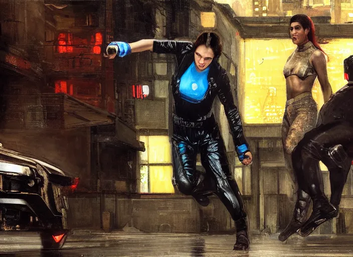 Image similar to Maria evades sgt Nash. Cyberpunk hacker in jumpsuit escaping menacing police troopers (blade runner 2049). beautiful face. kickboxing. Iranian orientalist portrait by john william waterhouse and Edwin Longsden Long and Theodore Ralli and Nasreddine Dinet, oil on canvas. Cinematic, hyper realism, realistic proportions, dramatic lighting, high detail 4k