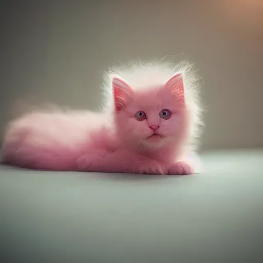 Image similar to Beautiful pink fluffy kitten, background golden cosic nebular dreamlike Photography, First-Person, Full-HD, Natural Lighting