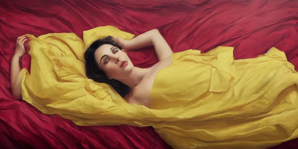 Image similar to beautiful oil matte portrait painting, young woman lying on a red bed sheet wearing a mustard yellow dress covered in giant rose petals, wonderful masterpiece highly detailed, beautiful cinematic light deep focus, elegant, digital painting, smooth, sharp focus, golden ratio, dramatic illumination, ultra realistic, 8 k, art by jimmy law