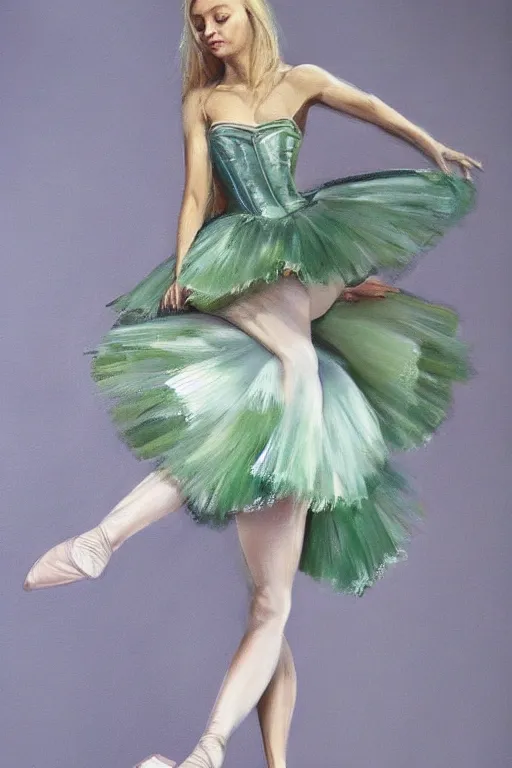 Image similar to An extremely beautiful detailed painting of a blonde haired polish princess in ballet posture, movement, extremely detailed, ultra complex clothing, green eyes, long hair, royal, round face, artstation, oil painting, award winning