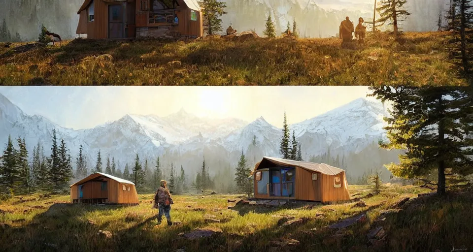 Image similar to cabela's beautiful comfortable modular insulated container home wall kit - house all weather family dwelling tent house, person in foreground, mountainous forested wilderness open fields, beautiful views, painterly concept art, environmental concept art, concept art illustration, by james gurney, by craig mullins, by greg rutkowski trending on artstation