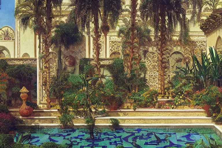 Prompt: painting of a beautiful moorish palace courtyard garden, by donato giancola and maxfield parrish and evelyn de morgan and rudolf ernst, patterned tilework, palm trees, tiled fountains, extremely detailed, cinematic lighting, smooth sharp focus