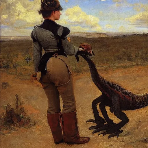 Image similar to female park ranger petting a veloceraptor by alfred stevens