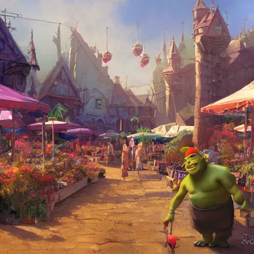 Image similar to shrek craig mullins and ghibli digital illustration of solarpunk farmers market, festival, colorful, unreal engine, hyper realism, realistic shading, cinematic composition, realistic render, octane render, detailed textures, photorealistic, wide shot