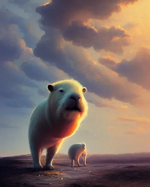 Image similar to white capybara in roman empire, surreal photography, sunrise dramatic light, impressionist painting, colorful clouds, digital painting, artstation, kilian eng, john harris, bastien lecouffe - deharme, simon stalenhag, flower face