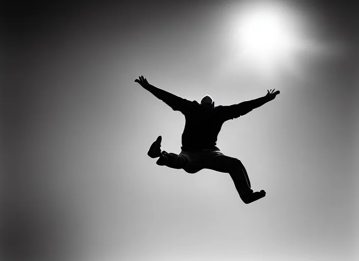 Image similar to Award winning Editorial photo of a man jumping 20 feet into the air during an eclipse Lee Jeffries, 85mm ND 5, perfect lighting, gelatin silver process