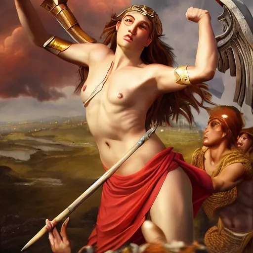 Prompt: Greek goddess Athena fighting with stupidity, stupidity is represented by horde of internet influencers, realistic person, spear in the right hand, long hair, detailed body and face, natural look, realistic photography, hyper realistic, Raphael Santi style, highly detailed, 4k, battle landscape, high quality image, couraging and atmospheric composition