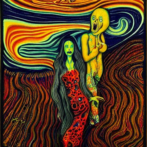 Prompt: a hyper - detailed fine painting of the scream of paranoia and funny pain, cosmic horror psychedelic weird bizarre art