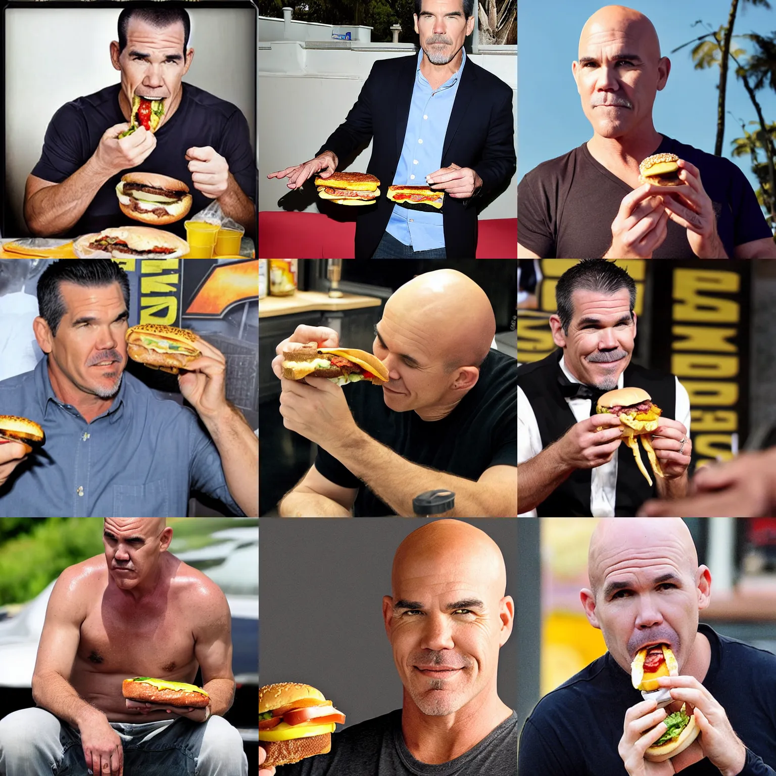 Prompt: bald, shaven Josh Brolin eating a cheeseburger, photograph