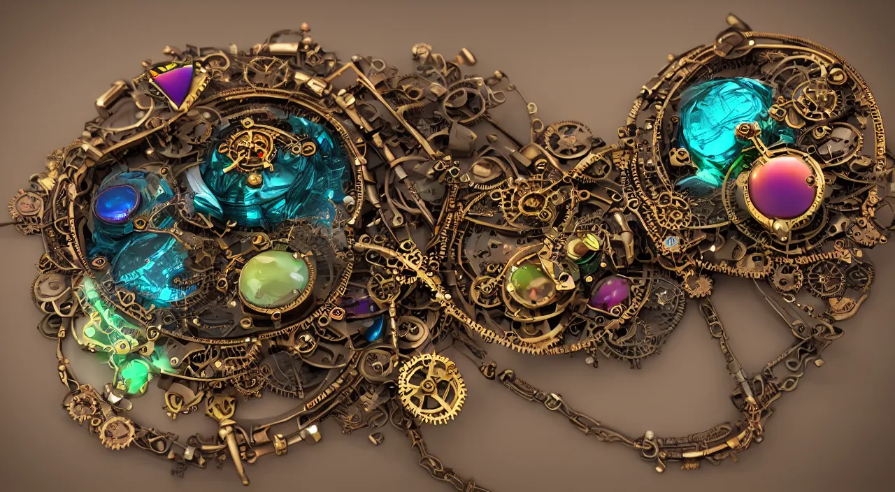 Prompt: steampunk jewelry with rainbow colours, macro photography, F/2.8, depth of field, trending on artstation, octane render