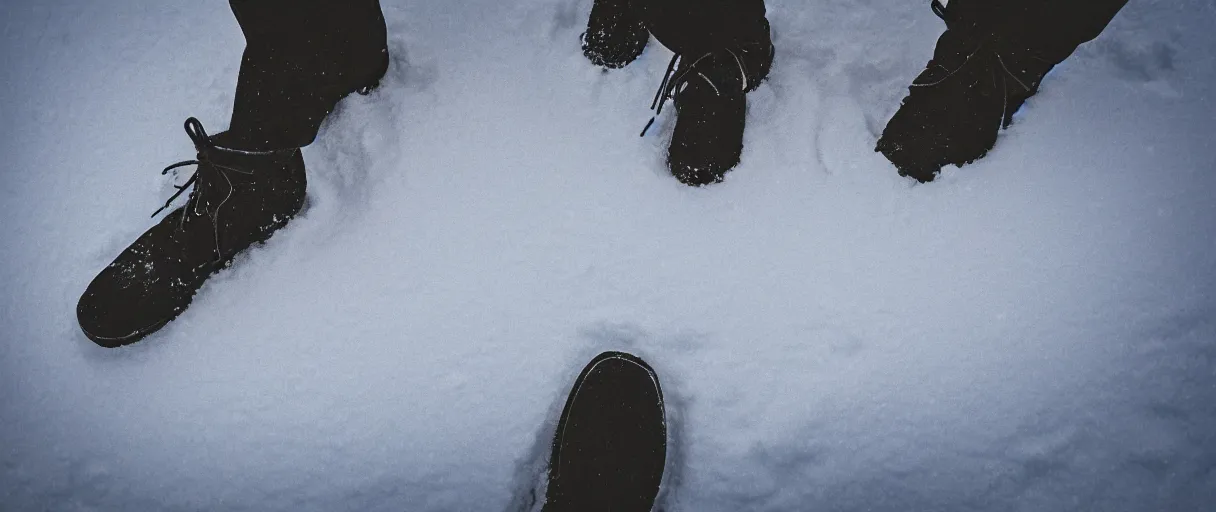 Image similar to top view extreme closeup movie like 3 5 mm film photograph of the silhouette of a man's boots walking through the antarctic snow during a heavy blizzard