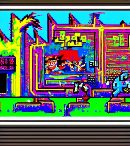 Prompt: graffiti street art pixelart retro videogames from the 8 0 s, streetview