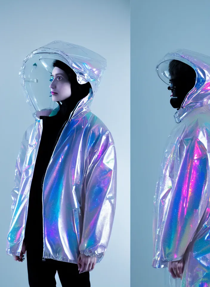 Image similar to an ultra high definition professional studio quality photograph of an artificially intelligent cyberpunk art influencer wearing a transparent iridescent pastel coloured face visor and matching bubbly puffy raincoat on white coat hook in a sheer icelandic black rock environment. three point light. dramatic lighting. volumetric shadows. light rays