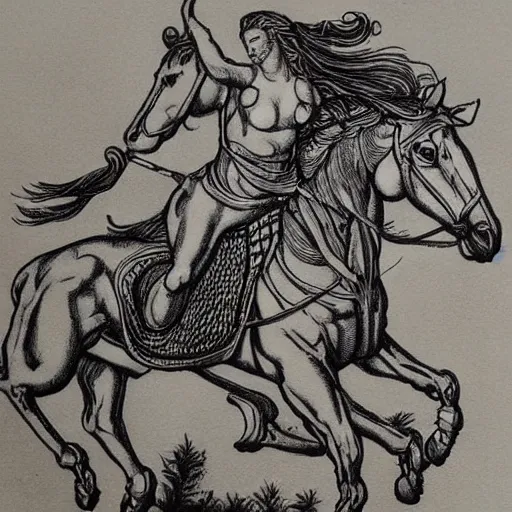 Image similar to “8k ink drawing of Diana huntress, Horses in run, intricate in style of Michelangelo and Albrecht Durer, hand made paper”