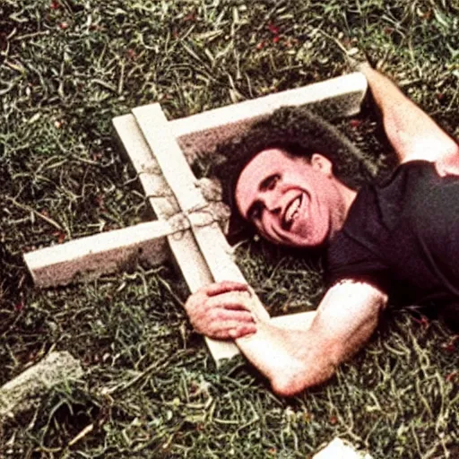 Image similar to Jordan Peterson laying in an open grave with a cross made of broken wood. He’s laughing. Photograph from horror movie 1980s.