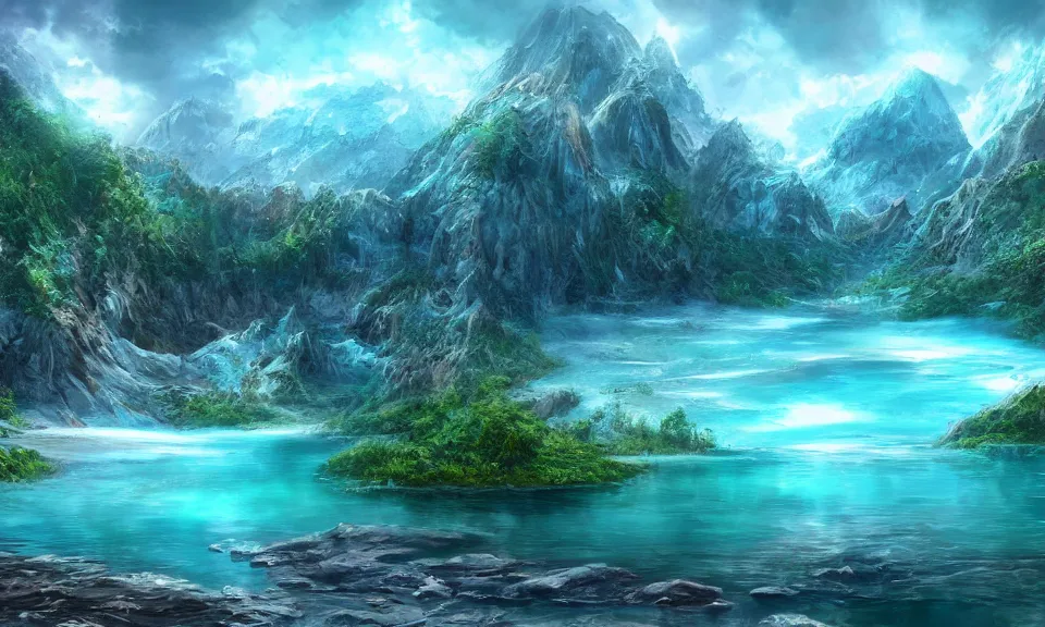 Image similar to crystalline turquoise lake, digital art, concept art, fantasy art, highly detailed, hd wallpaper, hdr, artstation, deviantart, behance