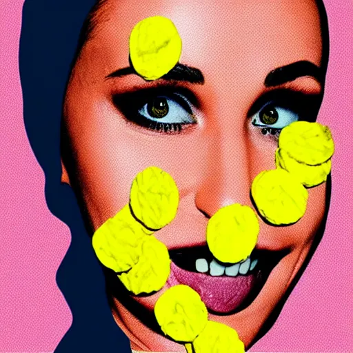 Image similar to pop art picture of fallon sherrock eating a bag of quavers