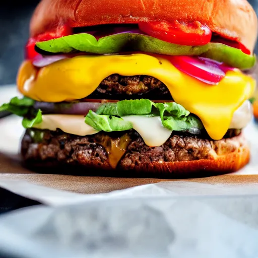 Prompt: close ups photo of a delicious cheeseburger with lots of toppings, film photograph