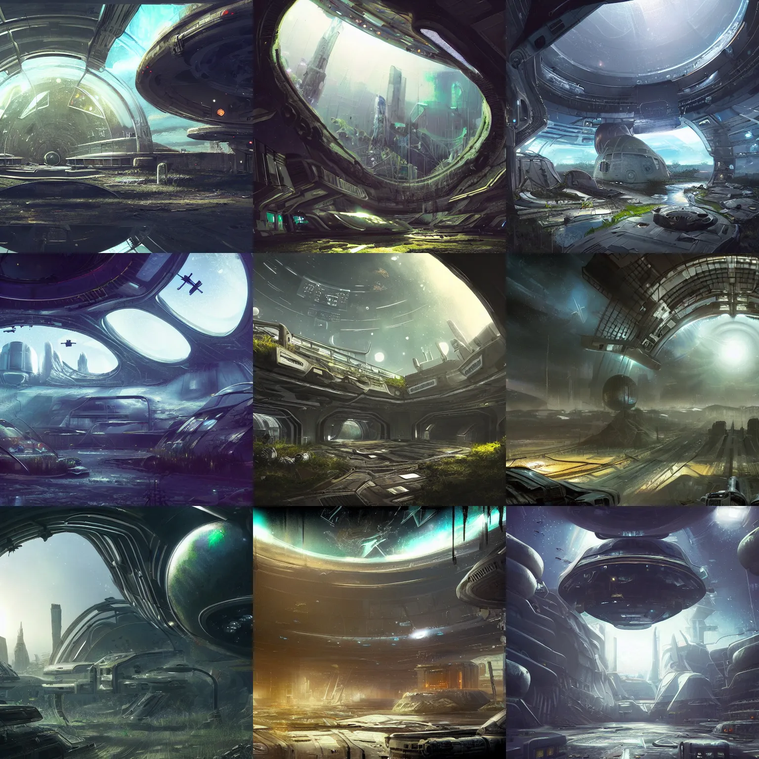 Prompt: a post apocalyptic city inside a spaceship with a dome with the stars, Halo Array, nature growing around the city, futuristic estructures, lush scenery, concept art, trending in artstation, lush landscape, pretty space stars, realistic light, award-winning, spaceship in space