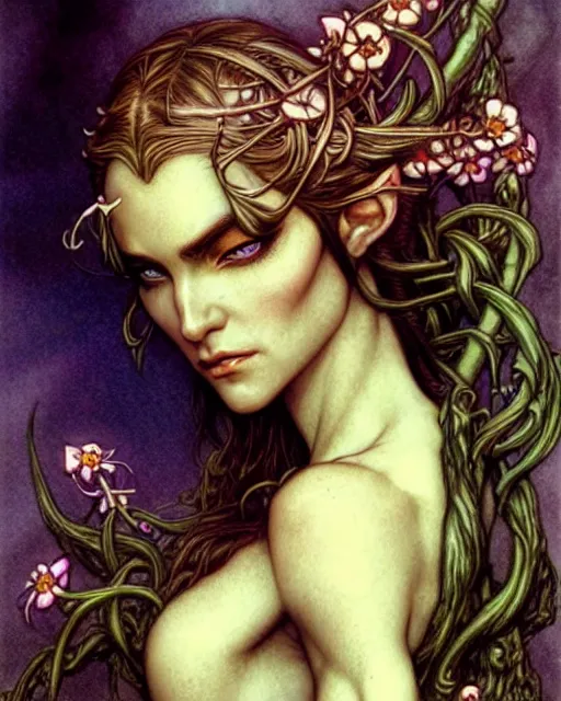 Image similar to elven woman, flowers in hair, fantasy character portrait, ultra realistic, concept art, intricate details, art nouveau, cinematic, highly detailed by boris vallejo, chris achilleos, arthur rackham