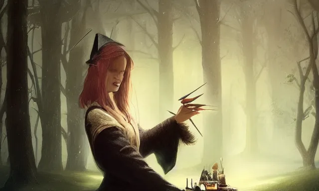 Image similar to witch doing a card trick, cardistry, cards, fantasy, digital art, soft lighting, nature, 8 k, fantasy concept art by greg rutkowski