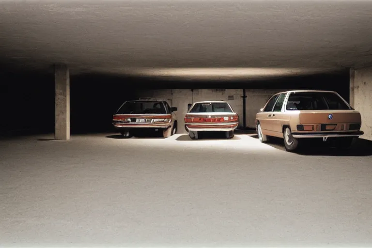 Prompt: BMW wagon estate with its lights on, inside of an badly lit 1970s parking garage, ektachrome photograph, volumetric lighting, f8 aperture, cinematic Eastman 5384 film