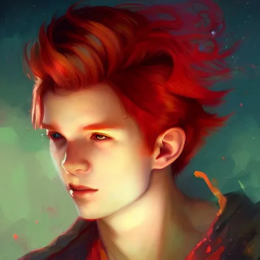 Prompt: colorful and Festive Captivating Fairy teenager boy with red hair, atmospheric lighting, painted, intricate, highly detailed by Charlie Bowater