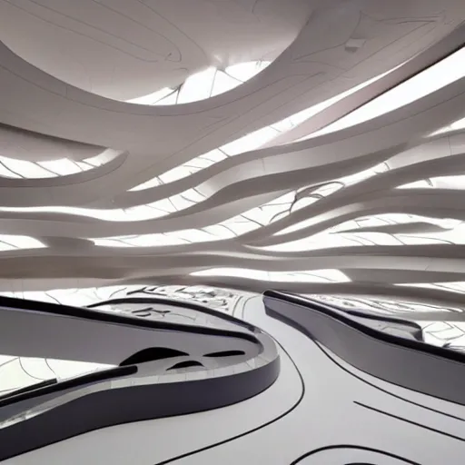 Prompt: extremely detailed stunning beautiful futuristic museum interior by Zaha Hadid, smooth curvilinear dragonfly wings pattern