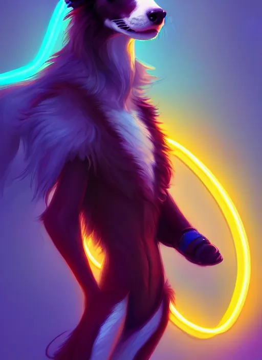 Image similar to wide angle beautiful full body portrait of a cute male anthropomorphic anthro border collie fursona wearing cowboy outfit in a neon metropolis, character design by charlie bowater, henry asencio, and ross tran, furry art, furaffinity, beautiful, glamor pose, detailed, aesthetic, trending on artstation