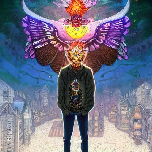 Image similar to 8K headshot Portrait of centered chest up of a psychedelic godlike mothman with giant mandala wings smoking a hand-rolled cigarette smoking heavily , magic mushroom village in background , post-processing , award winning. superb resolution. in the art style of junji Ito and greg rutkowski . Detailed Mushroom city in background. Hyper realistic anime. Perfect art. Dalle2