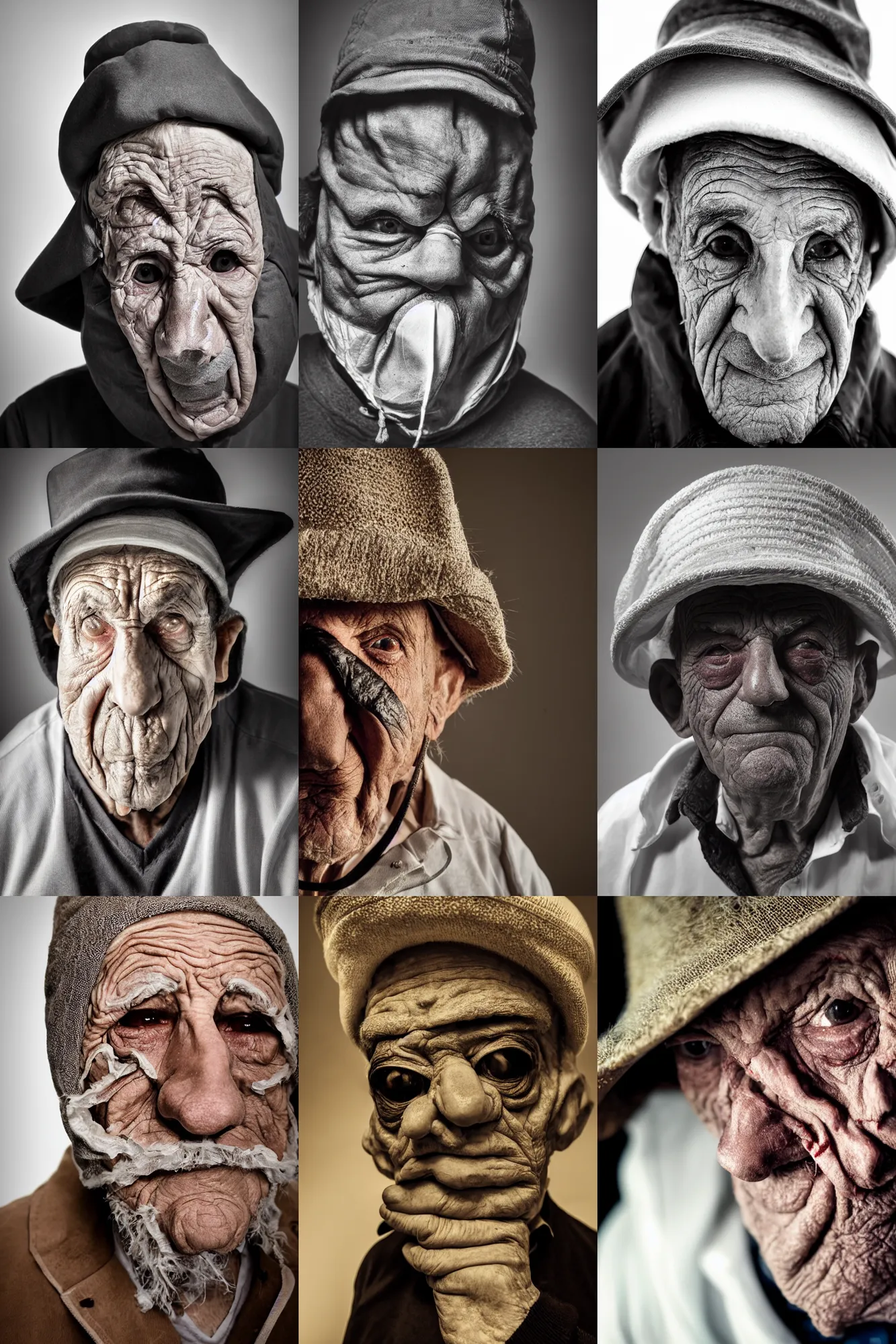 Prompt: high contrast studio close - up portrait of a wrinkled old man wearing a pulcinella mask, clear eyes looking into camera, baggy clothing and hat, backlit, dark mood, nikon, photo by adolfo farsari, masterpiece
