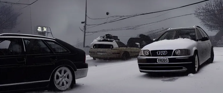 Image similar to Audi A4 B6 Avant (2002), a gritty neo-noir, dramatic lighting, cinematic, eerie person, death, homicide, homicide in the snow, viscera splattered, gunshots, bullet holes, establishing shot, extremely high detail, cracked windows, photorealistic, arson, cinematic lighting, artstation, by simon stalenhag, Max Payne (PC) (2001) winter New York at night, In the style of Max Payne 1 graphic novel, flashing lights, Poets of the Fall - Late Goodbye