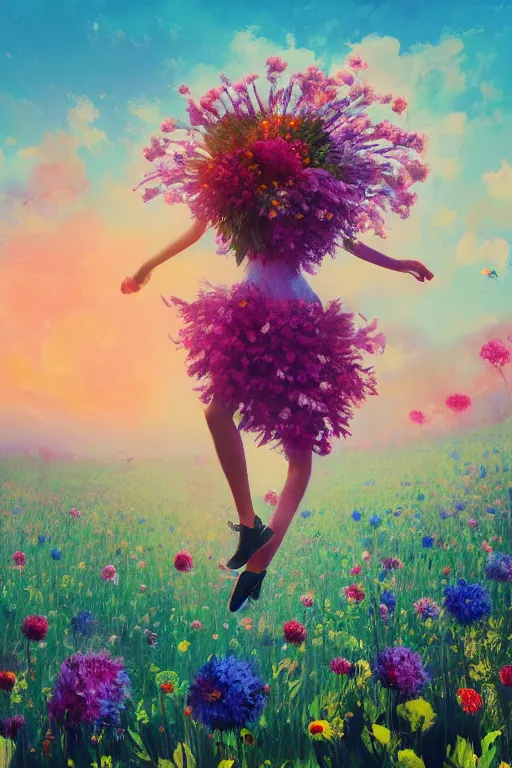 Prompt: closeup, massive flower head, girl in suit jumping in field of flowers, surreal photography, sunrise, blue sky, dramatic light, impressionist painting, digital painting, artstation, simon stalenhag