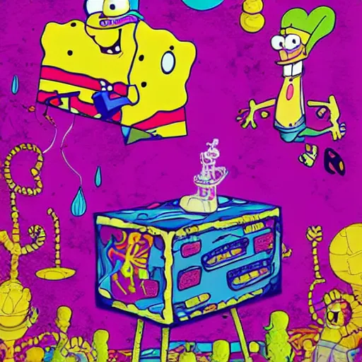 Prompt: spongebob squarepants in an abstract world with weed clouds, digital art, amazing detail, by Lulu Chen