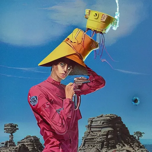 Prompt: a lone Android, wearing a cloth flamingo print bucket hat, by John Harri and Michael Whelan and John Berkey and Robert McCall and Chris Foss and Chris Moore and Vincent Di Fate and Rafał Olbiński and Jim Burns