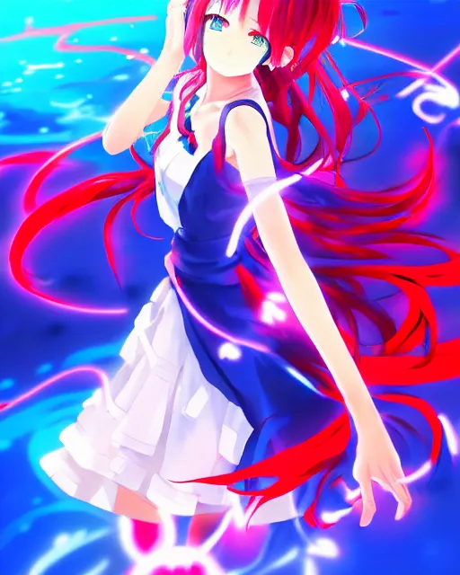 Image similar to anime style, vivid, expressive, full body, 4 k, painting, a cute magical girl idol with a long wavy hair wearing a dress fighting monsters, blue and red, balance, correct proportions, stunning, realistic light and shadow effects, neon lights, studio ghibly makoto shinkai yuji yamaguchi