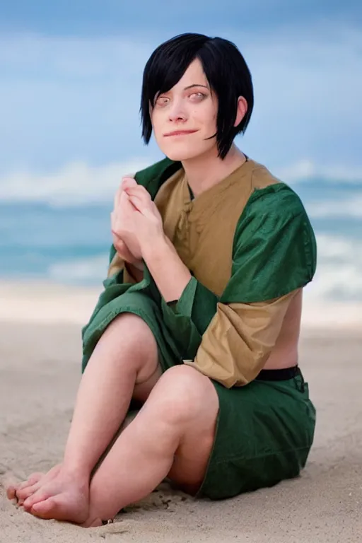 Image similar to a full - length photo of real life toph from avatar sitting on a beach