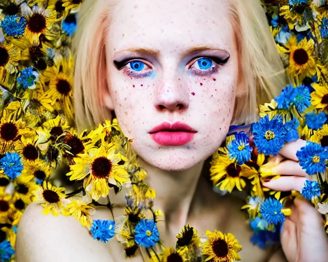 Image similar to pale young woman with bright blonde hair, freckles, blue eyes and a wide face, flowery dress, using a dslr camera, dramatic, surreal art by anna nikonova