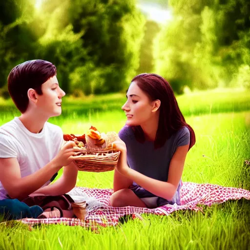 Image similar to a boy and a girl having a picnic in a beautiful field, aesthetic, beautiful, symmetrical face, vfx, 8 k, aesthetic