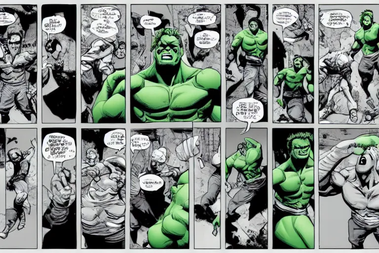 Image similar to hulking out, hulkout, turning into the hulk, comic sequence, sequential art, dynamic posing, cinematic, action, motion