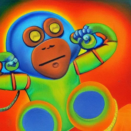 Image similar to the chunky monkey invents called the funky monkey and patents it. oil painting in the style of a funky monkey. good cosmic vibes. 1 9 2 9.