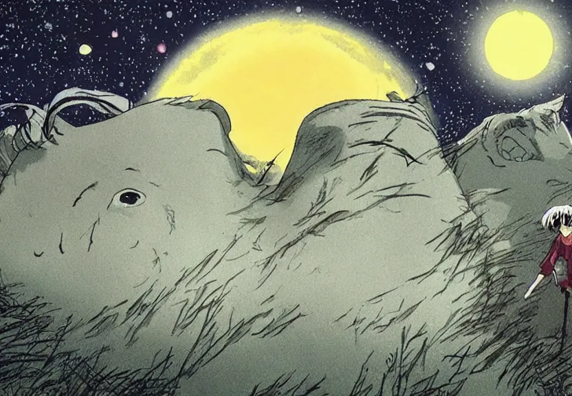 Image similar to a cell - shaded cartoon from princess mononoke ( 1 9 9 7 ) showing a huge giant grey monster. in the background is machu pichu on a misty and starry night. very dull muted colors, hd, 4 k, hq