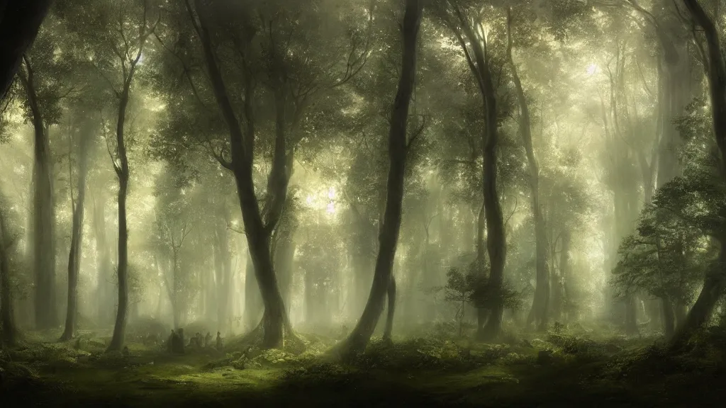 Image similar to a clearing in the magical forest. andreas achenbach, artgerm, mikko lagerstedt, zack snyder, tokujin yoshioka