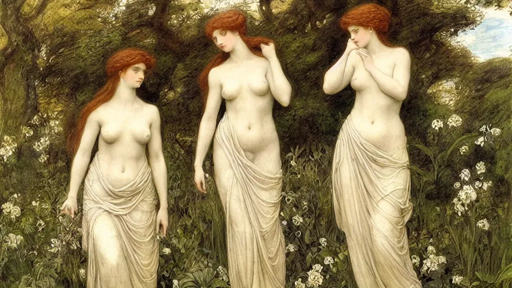 Prompt: portrait of two women surrounded by nature, in the style of “ sappho and erinna in the garden mytelene ” by simeon solomon, intricate details, high detail, super - flat, art nouveau, face symmetry, masterpiece, sharp focus