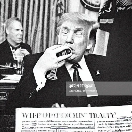 Prompt: Trump drinking whiskey in the Oval Office, newspaper picture, realistic, close-up, pulitzer-prized photo